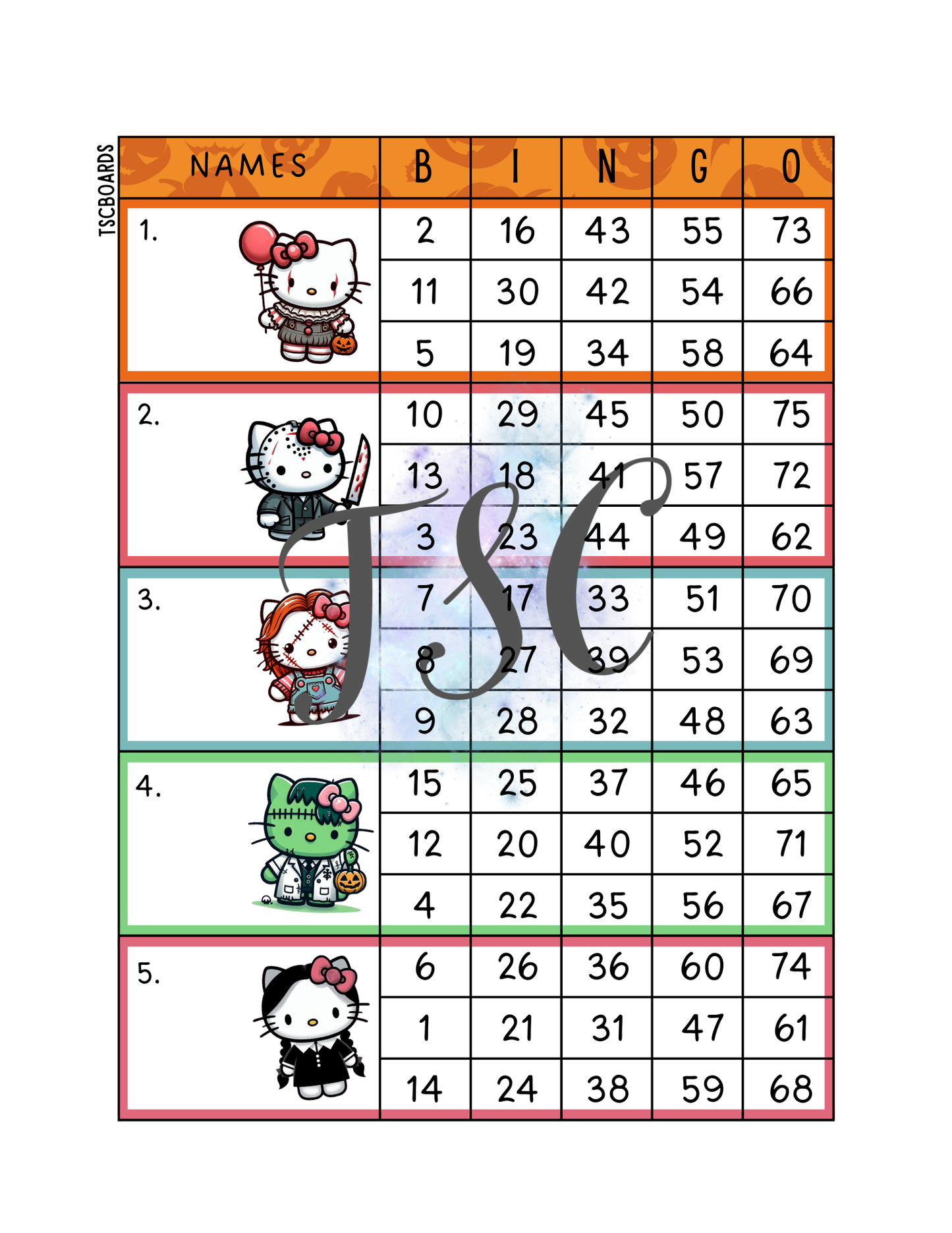 Hello Kitty Halloween Block Bingo Board 1-75 Ball