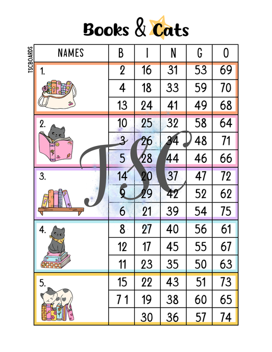 Books & Cats Block Bingo Board 1-75 Ball