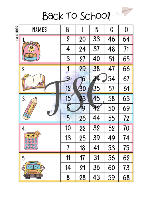 Back To School Block Bingo Board 1-75 Ball