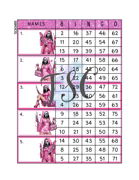 Pink Ghostface Block Bingo Board 1-75 Ball