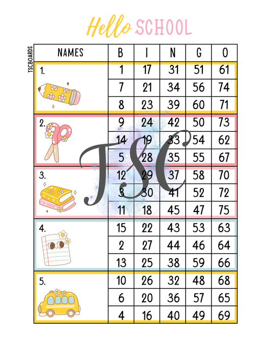 Hello School Block Bingo Board 1-75 Ball