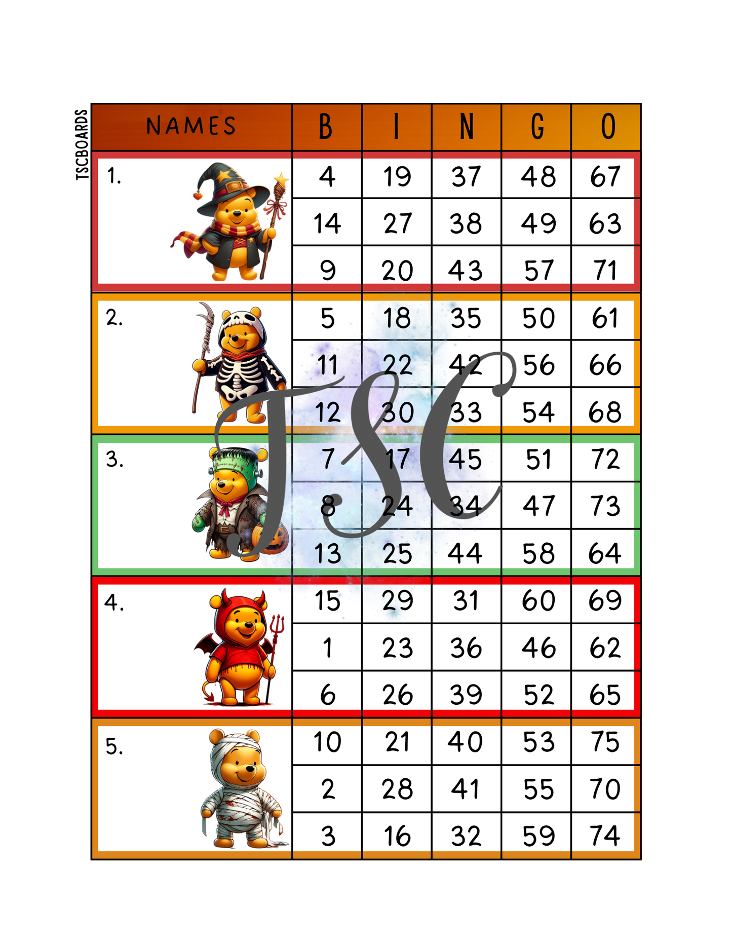 Pooh’s Halloween Costume Block Bingo Board 1-75 Ball