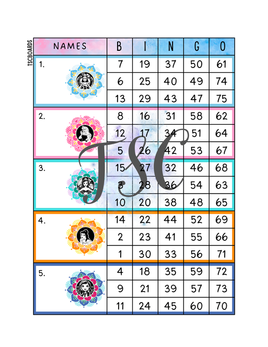 Princess Mandala Flowers Block Bingo Board 1-75 Ball