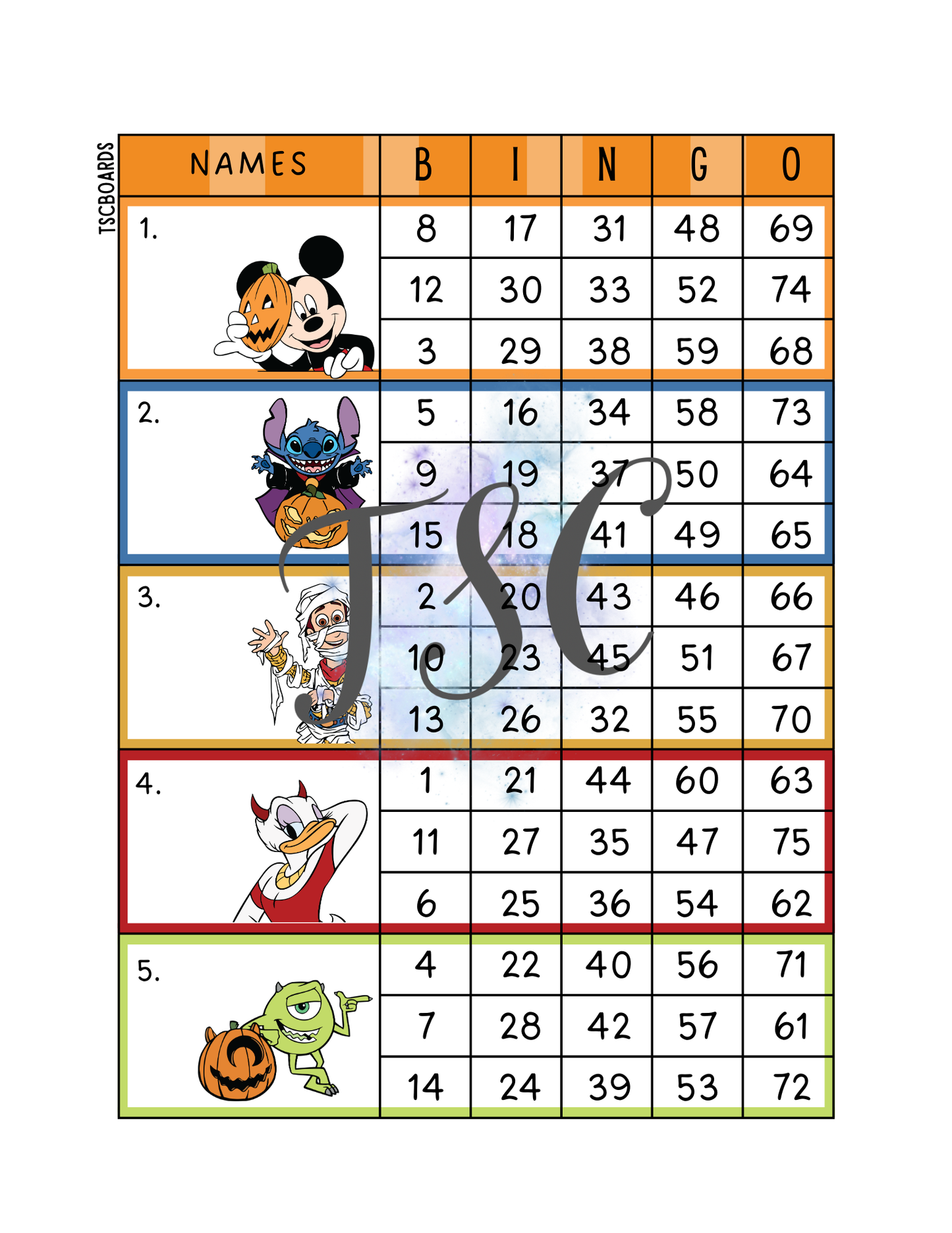 Character Halloween Block Bingo Board 1-75 Ball
