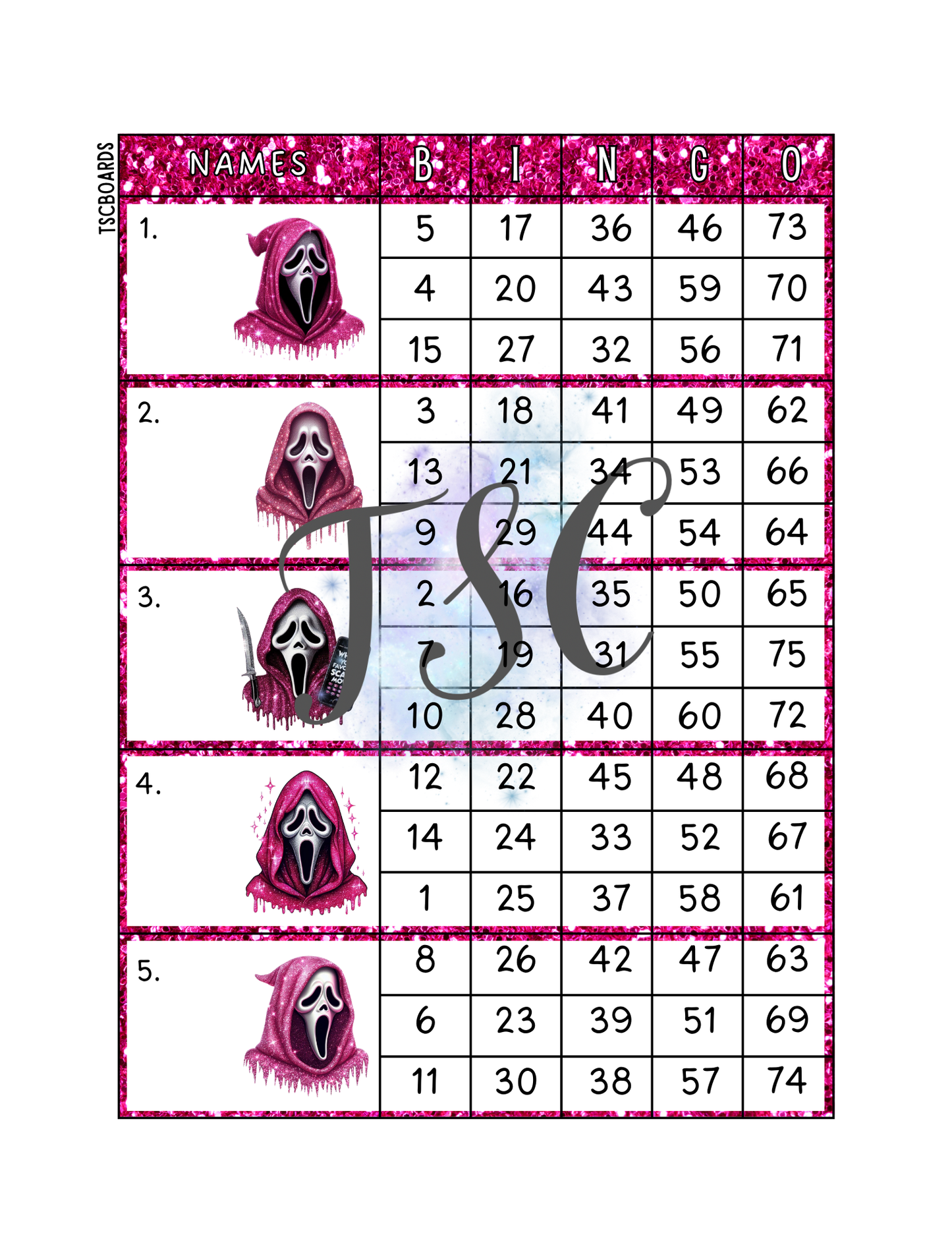 Glitter Ghostface Block Bingo Board 1-75 Ball