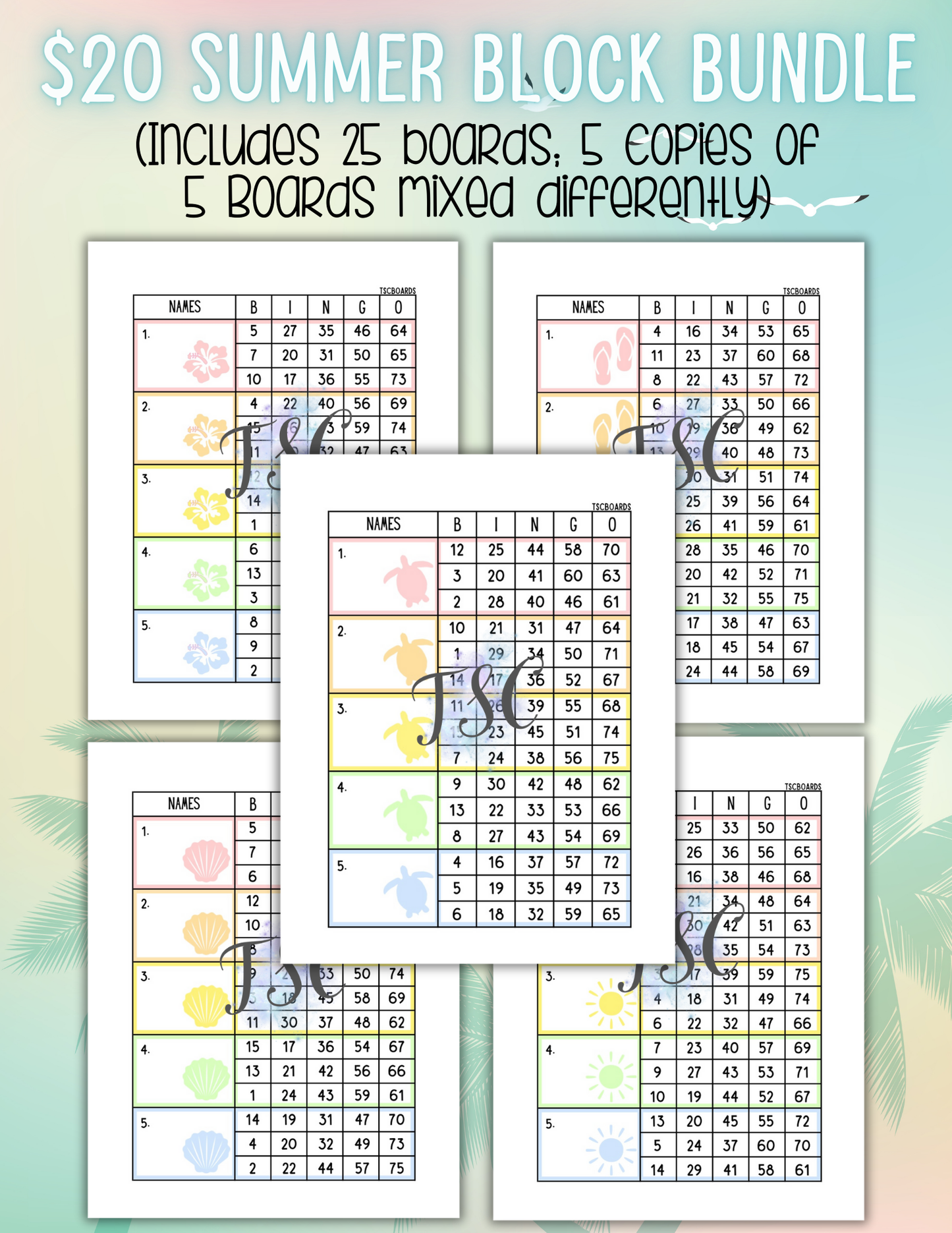 Summer Block Bundle - 25 Mixed Bingo Boards 1-75 Ball