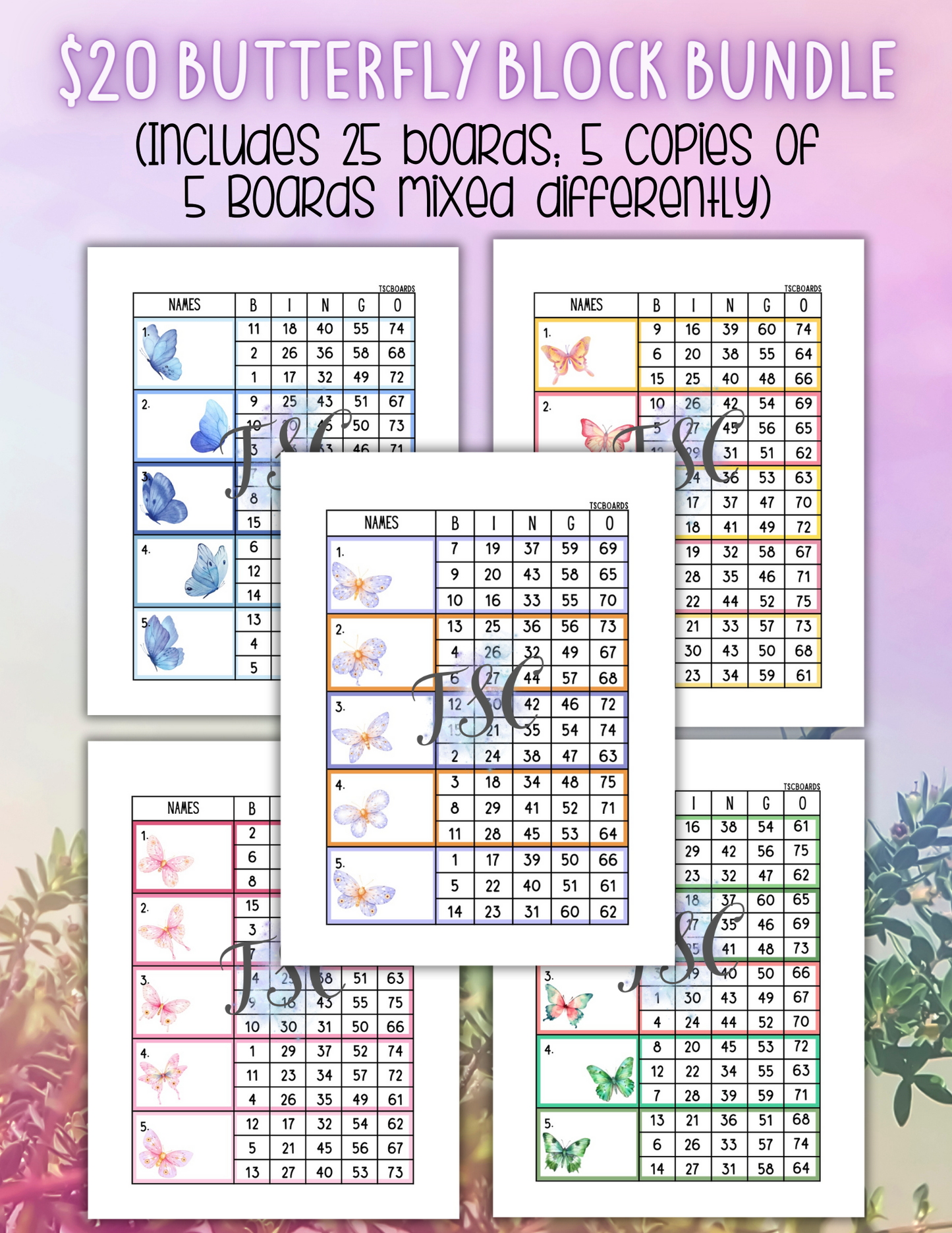 Butterfly Block Bundle - 25 Mixed Bingo Boards 1-75 Ball