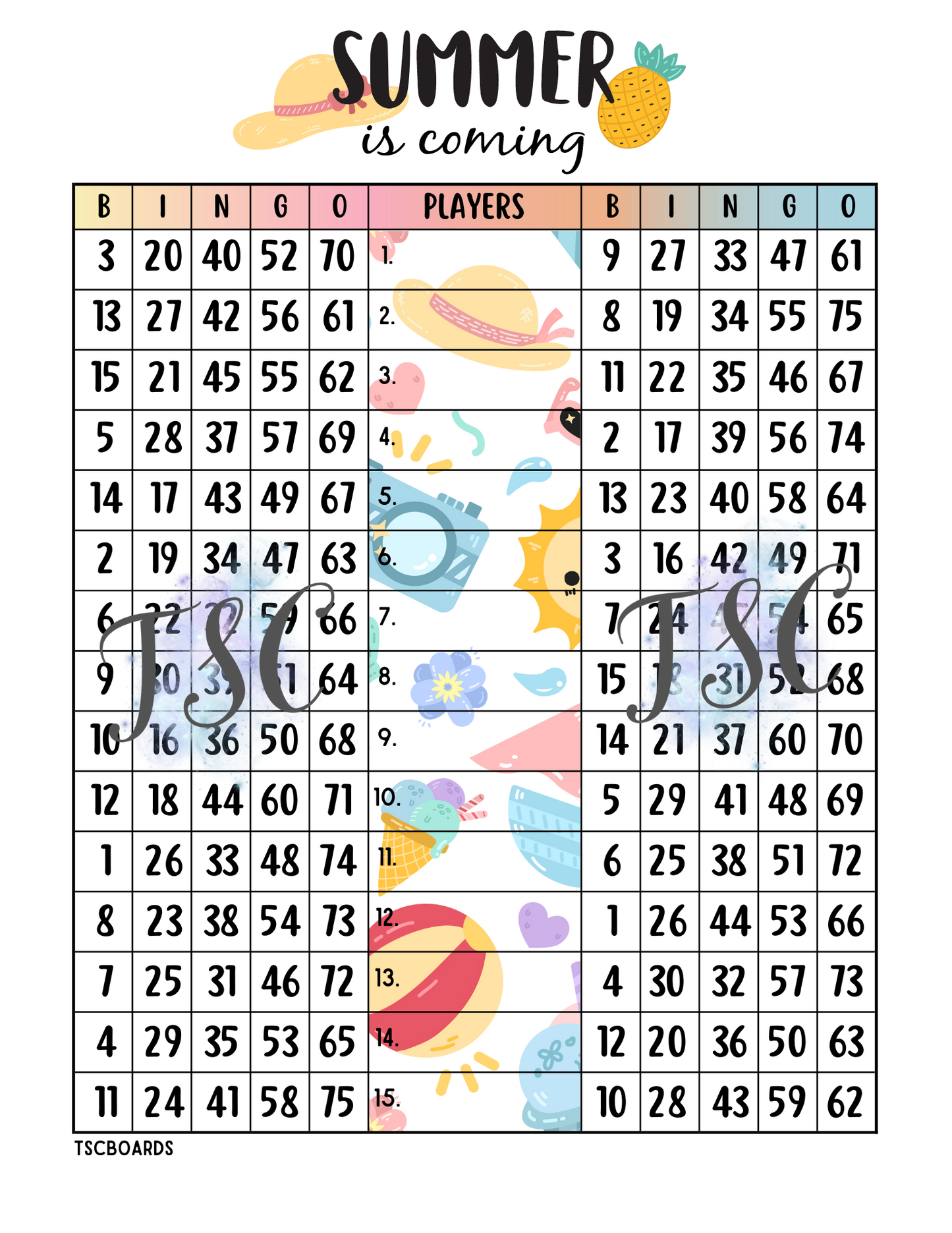 Summer Is Coming Double Page Bingo Board 1-75 Ball 1-15 Line