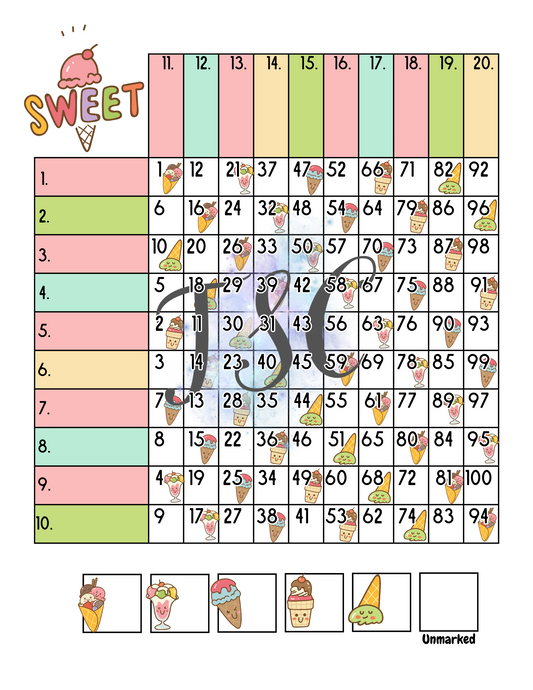 Sweet Icecream Grid Bingo Board 1-100 Ball