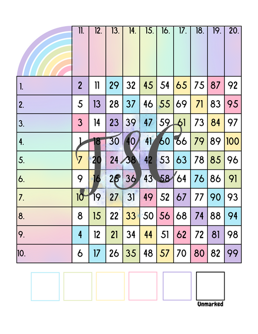 Rainbow Grid Bingo Board 1-100 Ball