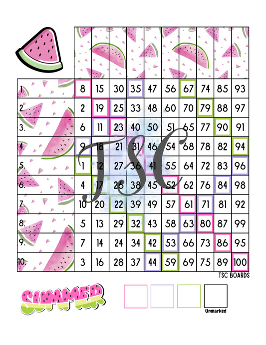 Summer Watermelon Grid Bingo Board 1-100 Ball