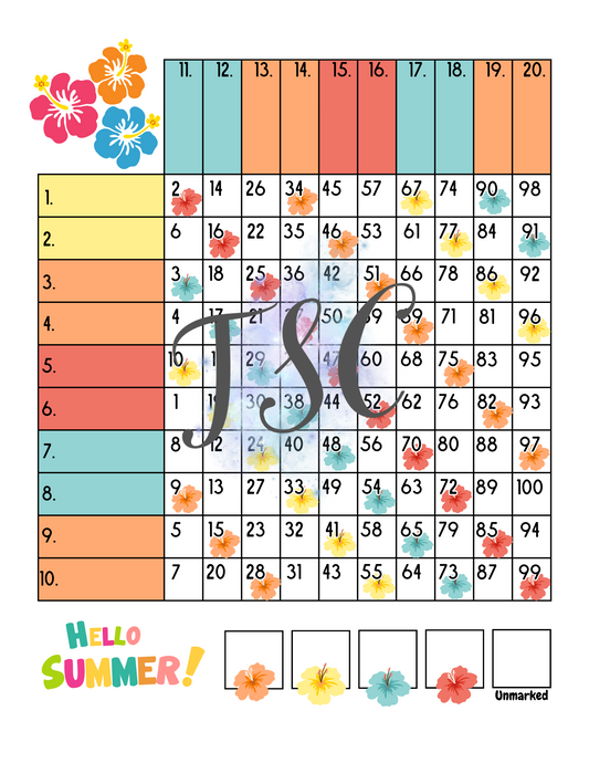 Hello Summer! Grid Bingo Board 1-100 Ball