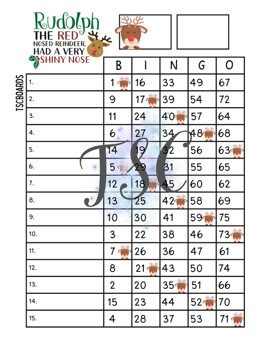 Rudolph Bingo Board 1-75 Ball