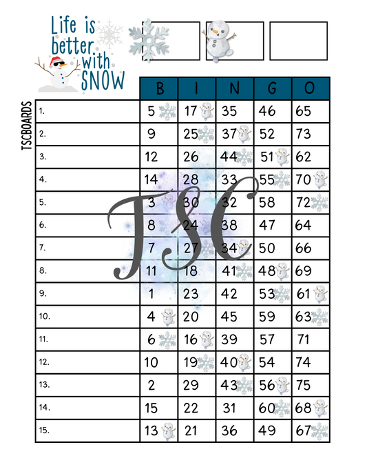 Life Is Better With Snow Bingo Board 1-75 Ball