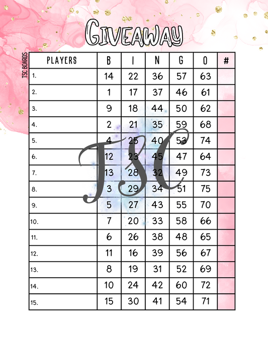 Giveaway Pink Bingo Board 1-75 Ball 15 Lines