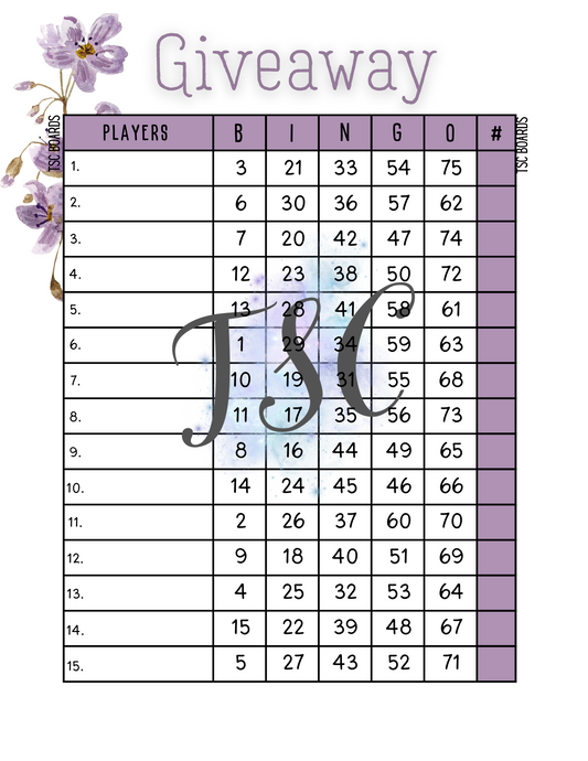 Giveaway Purple Bingo Board 1-75 Ball 15 Lines