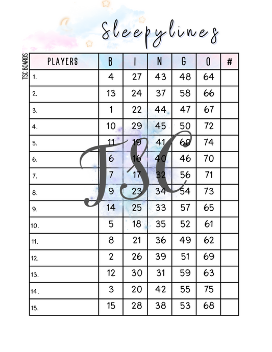 Sleepylines Bingo Board 1-75 Ball 15 Lines