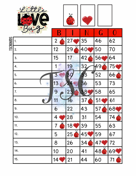 Little Love Bug Bingo Board 1-75 Ball