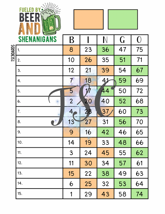 Fueled By Beer And Shenanigans Bingo Board 1-75 Ball