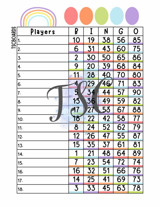 Rainbow Bingo Board 1-18 Line 1-90 Ball