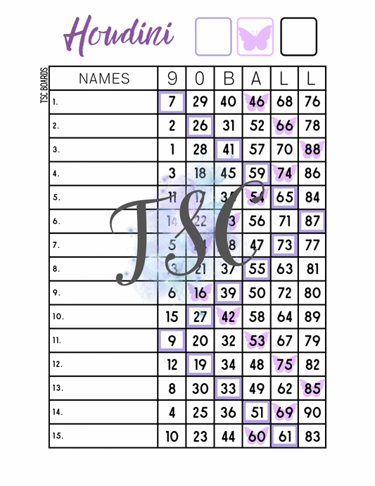 Purple Butterfly Houdini Bingo Board 1-90 Ball 1-15 Line