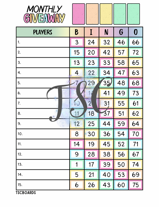 Monthly Giveaway Bingo Board 1-75 Ball