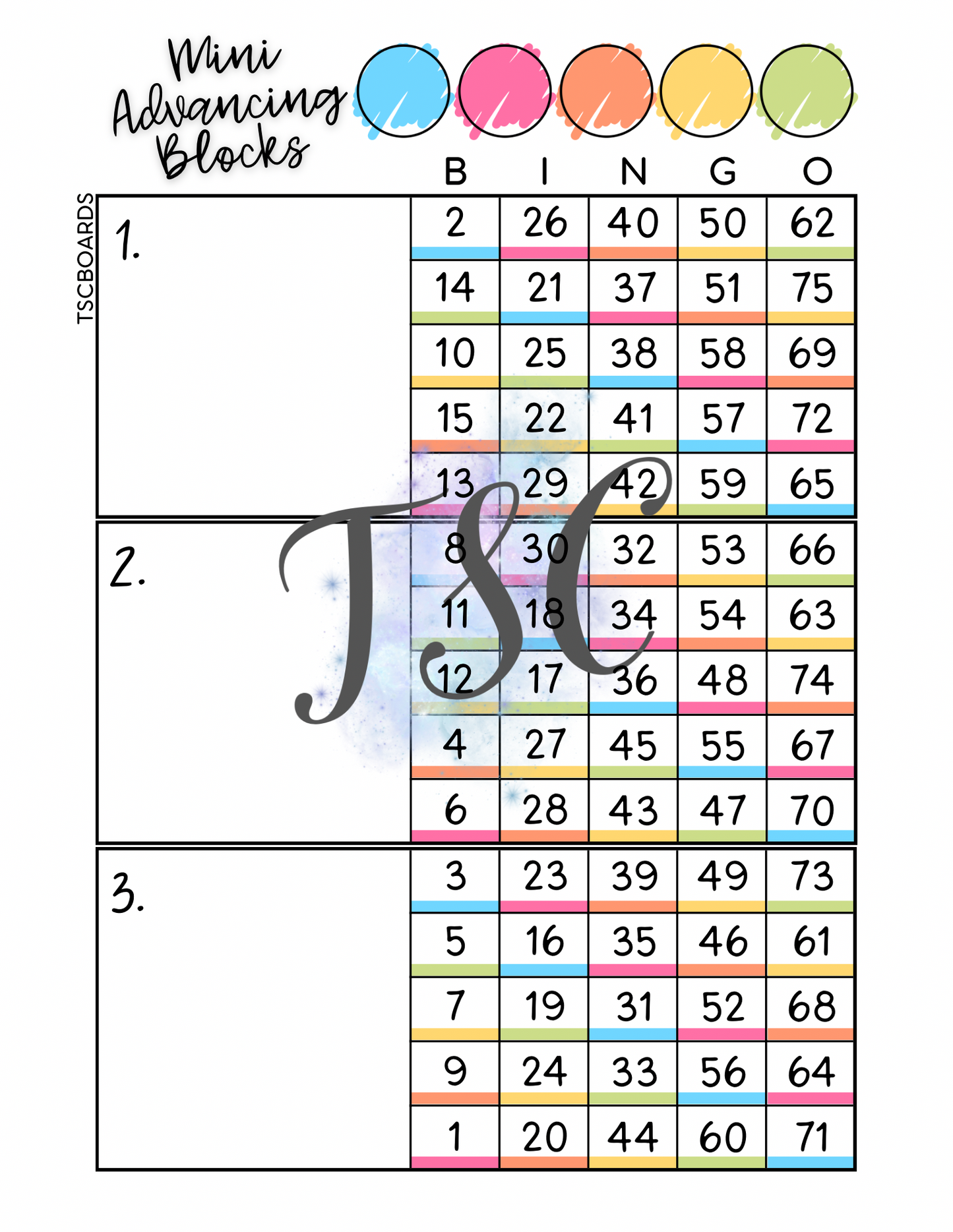 Advancing Rainbow Blocks Bingo Board Main 1-75 Ball