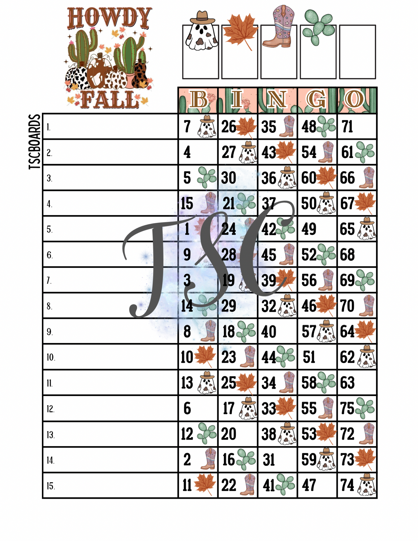 Howdy Fall Bingo Board 1-75 Ball