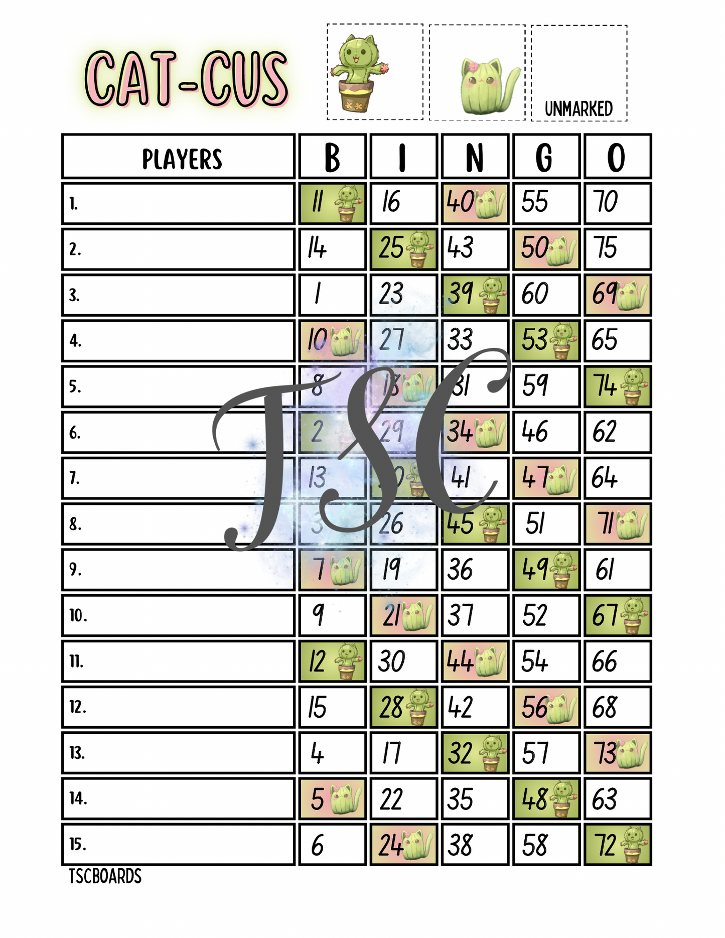 Cat-cus Bingo Board 1-75 Ball