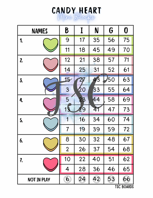 Candy Heart Mini Blocks Bingo Board 1-75 Ball
