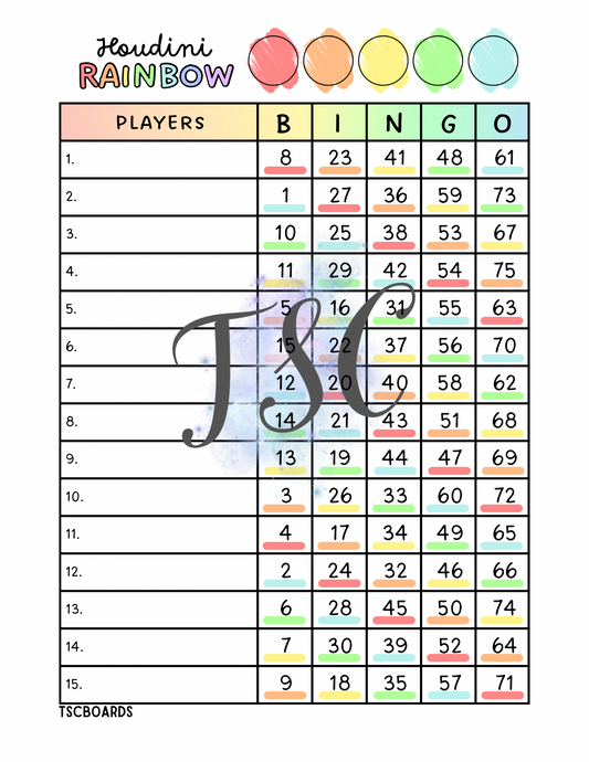 Houdini Rainbow Bingo Board 1-75 Ball