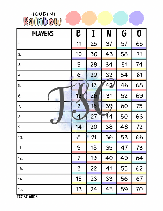 Houdini Rainbow Bingo Board 1-75 Ball