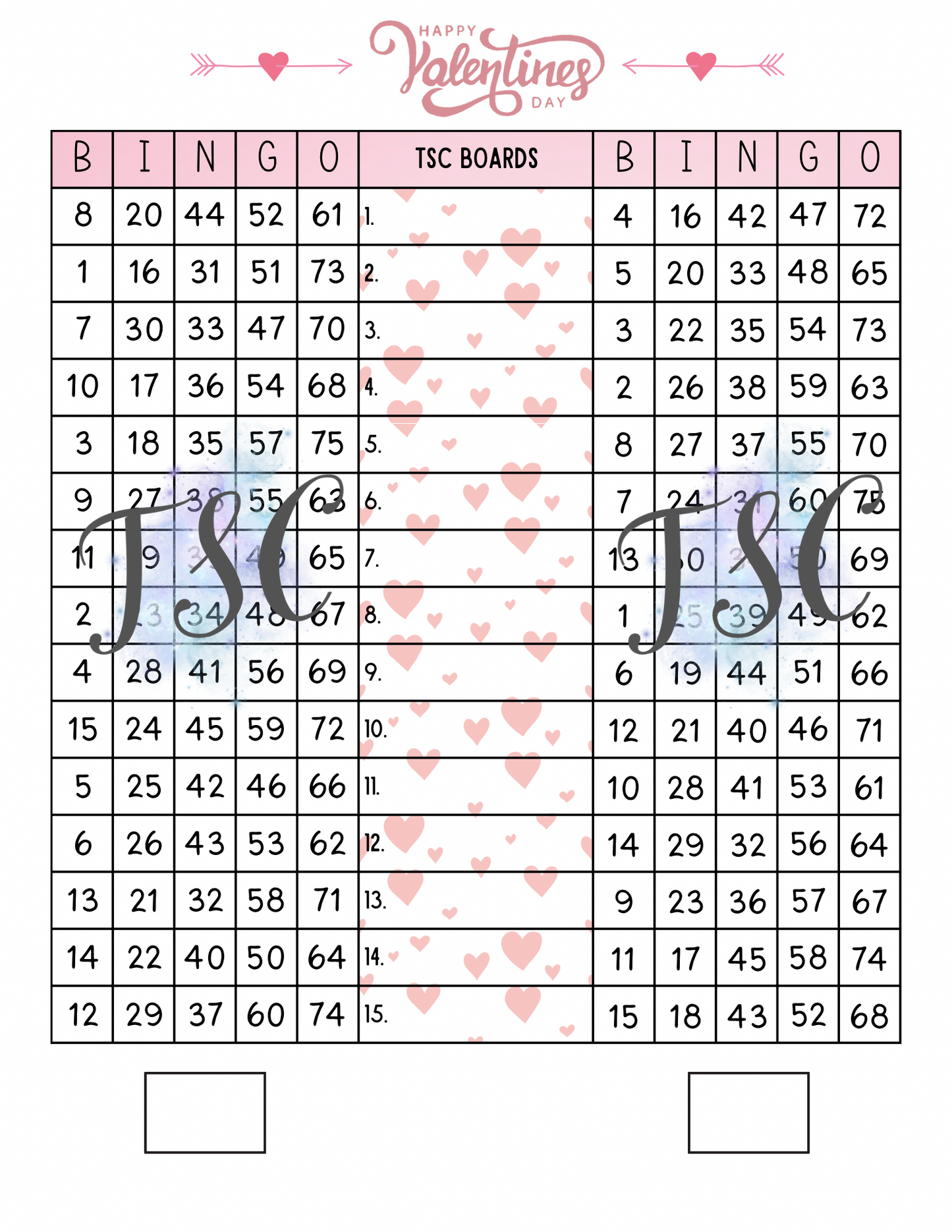 Happy Valentines Double Page Bingo Board 1-75 Ball