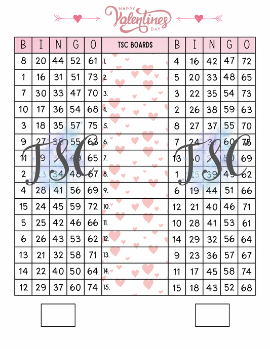 Happy Valentines Double Page Bingo Board 1-75 Ball