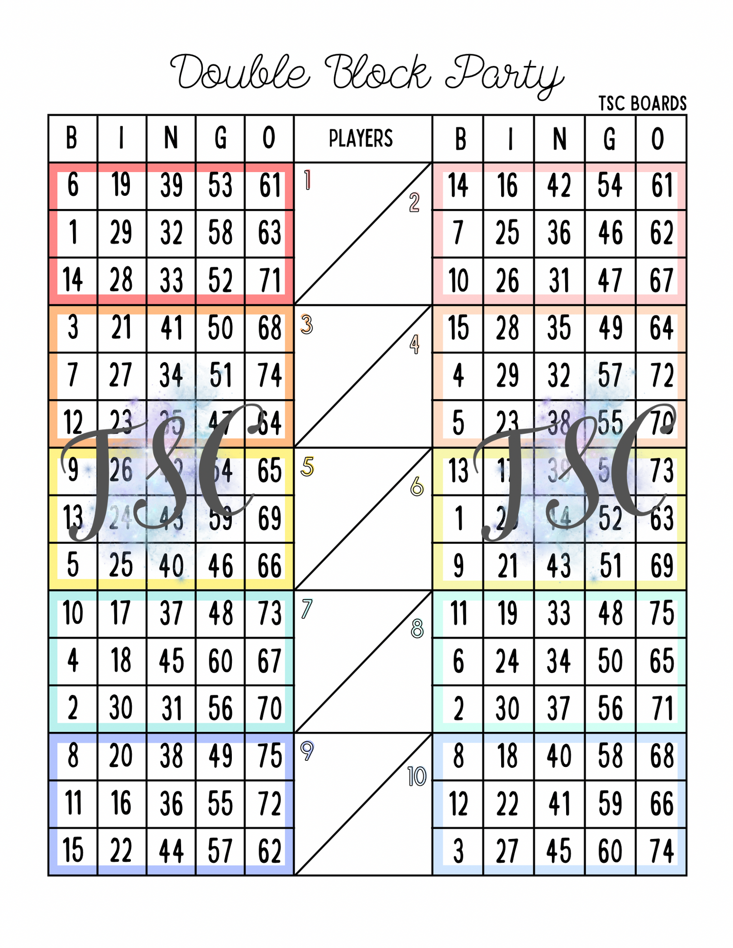 Double Block Party Bingo Board 1-75 Ball