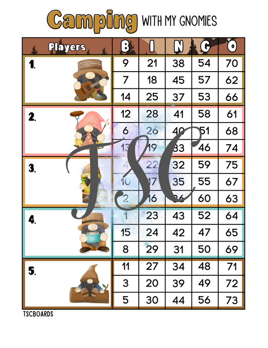 Camping with my Gnomies Block Bingo Board 1-75 Ball