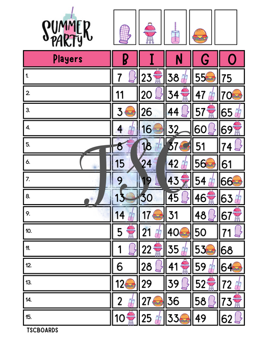 Summer Party Bingo Board 1-75 Ball