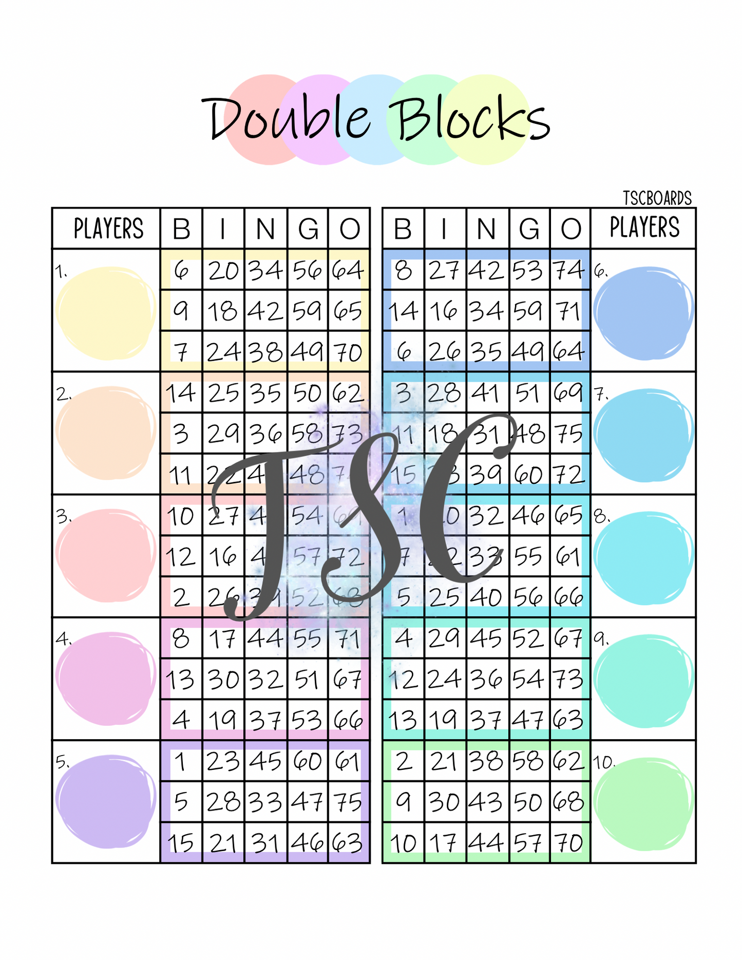 Pastel Double Blocks Bingo Board 1-75 Ball