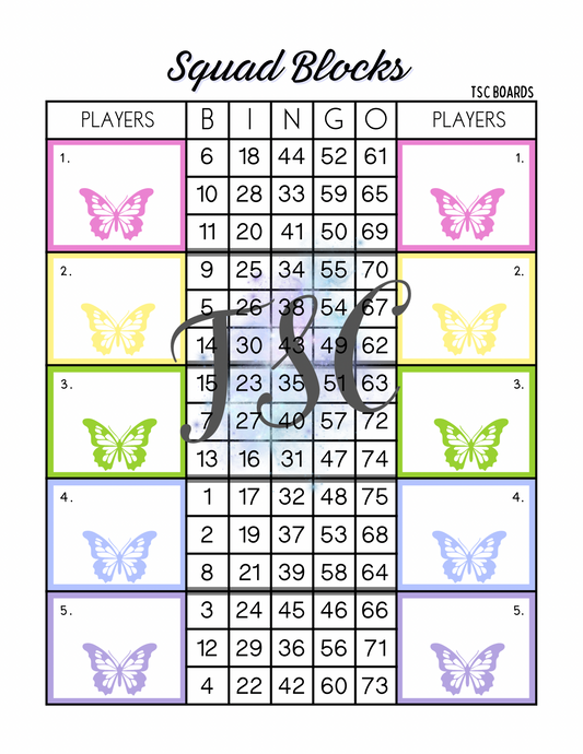 Butterfly Squad Blocks Bingo Board 1-75 Ball