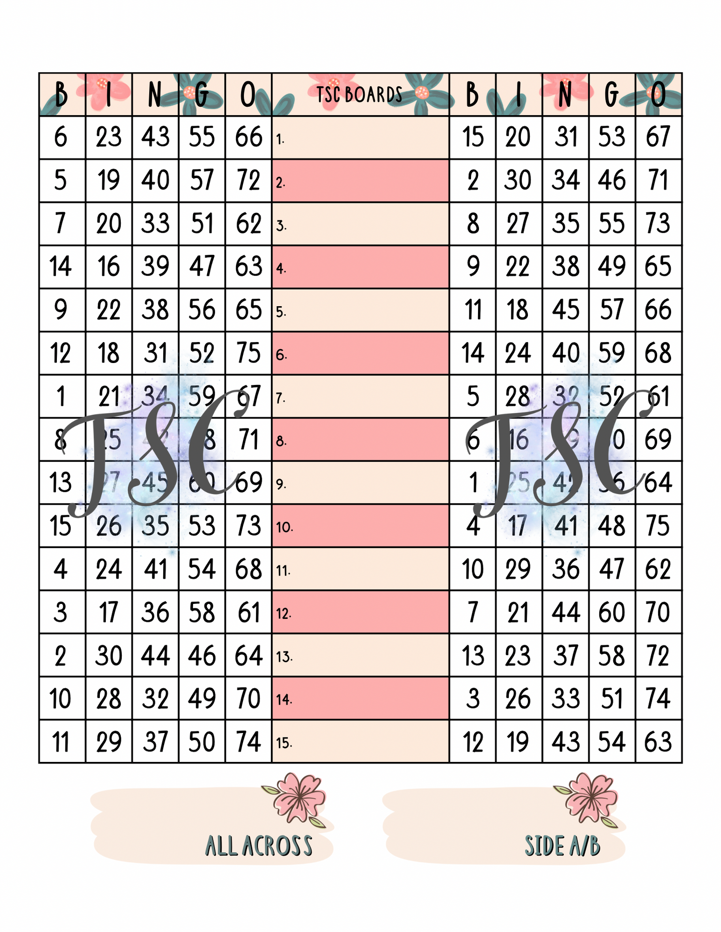 Flower Double Page Bingo Board 1-75 Ball