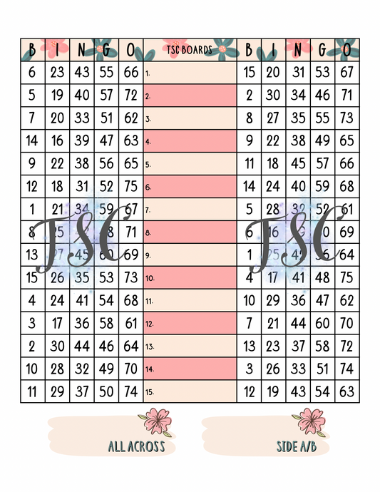 Flower Double Page Bingo Board 1-75 Ball