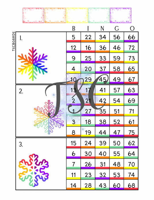 Snowflake Mega Rainbow Block Bingo Board 1-75 Ball