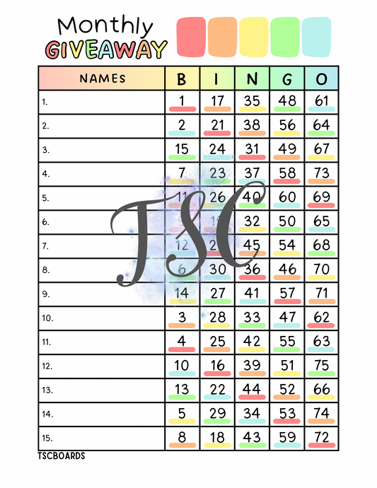 Monthly Giveaway Bingo Board 1-75 Ball