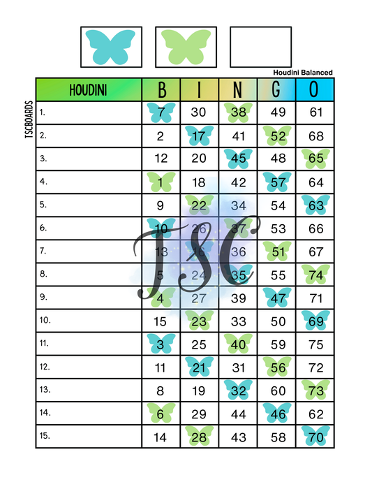 Butterfly Houdini Bingo Board 1-75 Ball 15 Lines