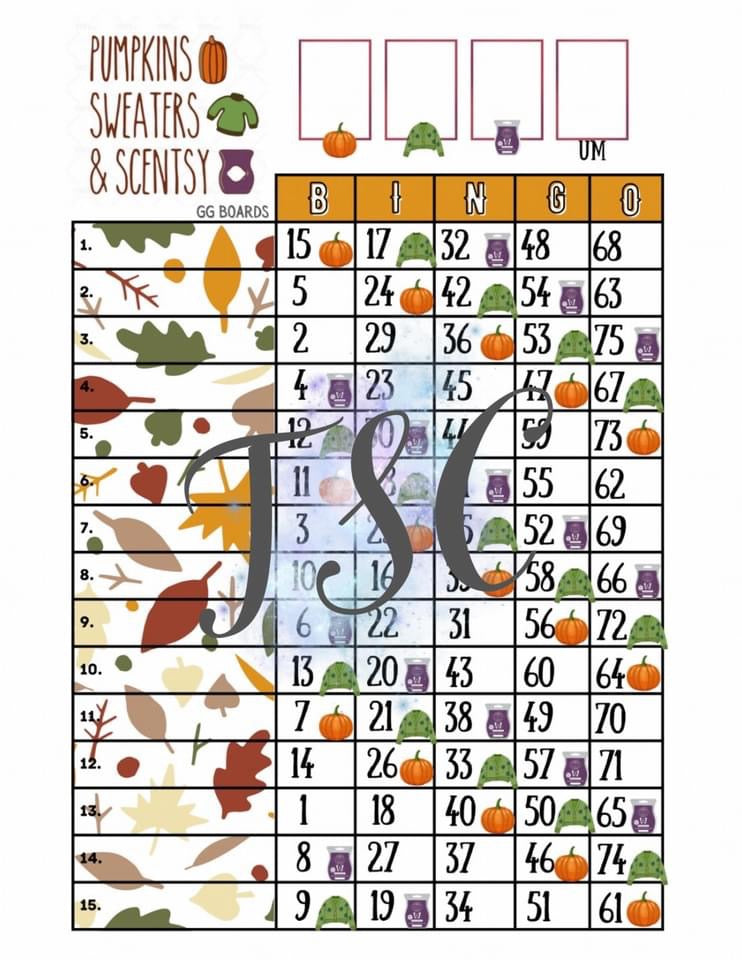 Pumpkins, Sweaters, & Scentsy Bingo Board 1-75 Ball 1-15 Line