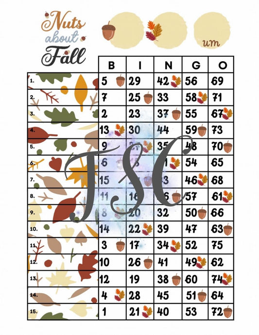 Nuts About Fall Bingo Board 1-75 Ball 1-15 Line