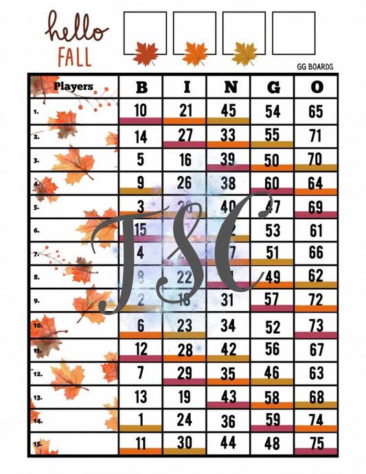 Hello Fall Three Colour Bingo Board 1-75 Ball 1-15 Line