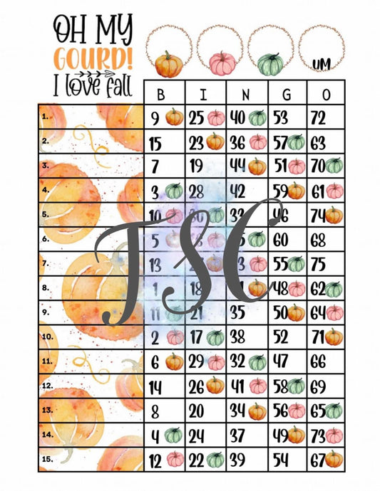 Oh My Gourd! I Love Fall Bingo Board 1-75 Ball 1-15 Line