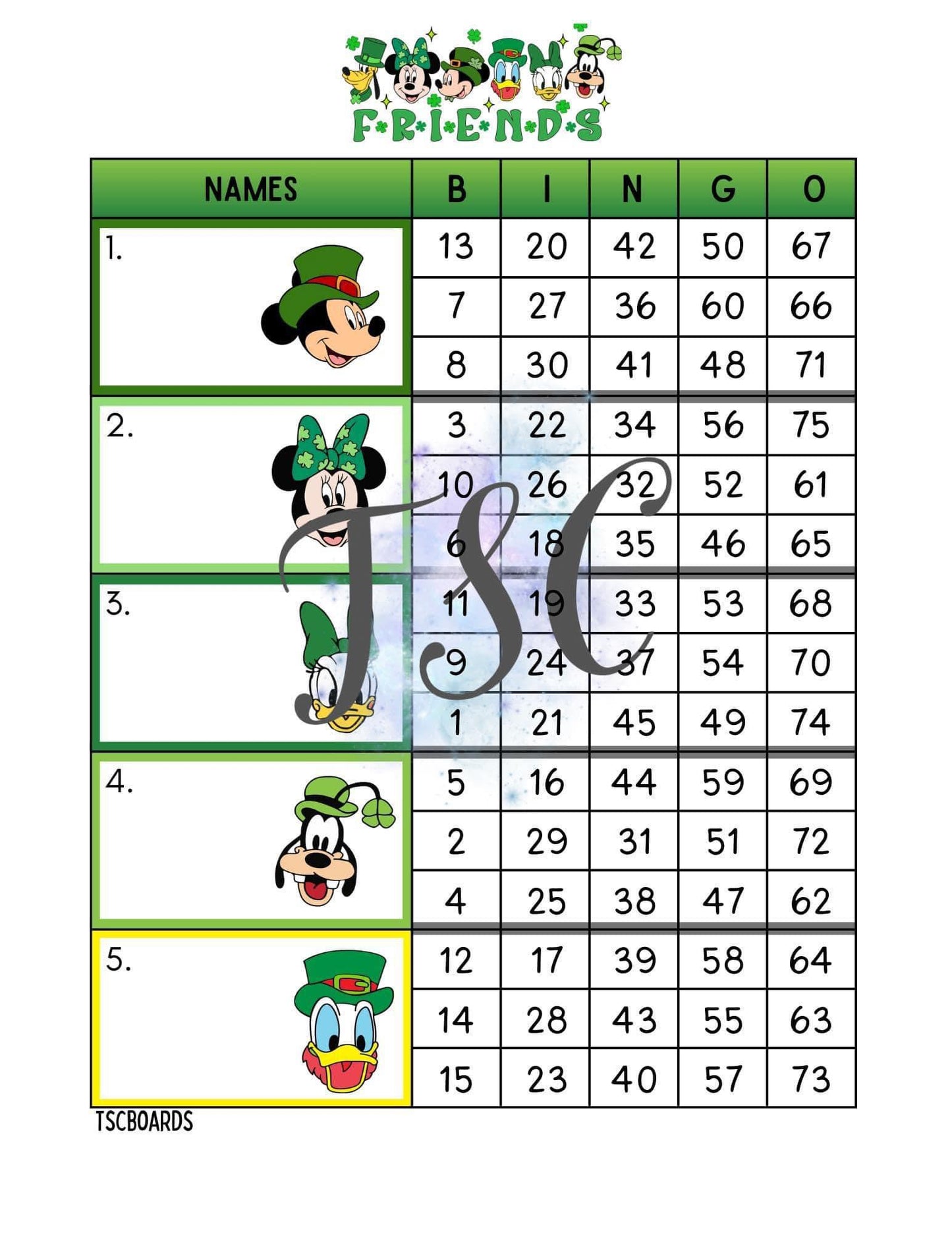 Mickey & Friends St Paddy’s Day Block Bingo Board 1-75 Ball