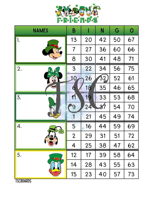 Mickey & Friends St Paddy’s Day Block Bingo Board 1-75 Ball